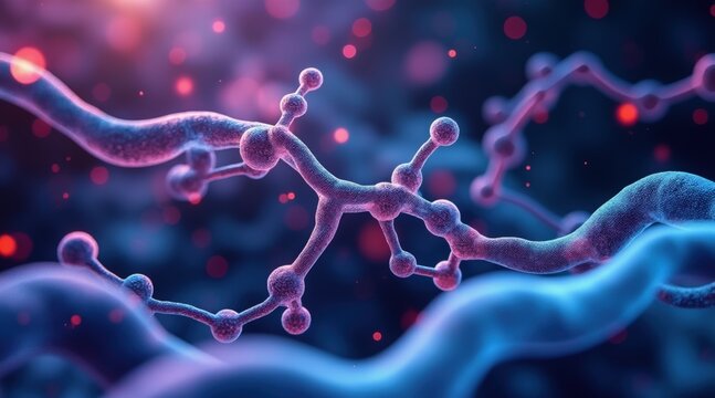 enzyme engineering medicine concept. Abstract molecular structure in vibrant colors against a dark background.