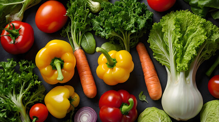 Assorted fresh vegetables including bell peppers and lettuce on rustic wooden
