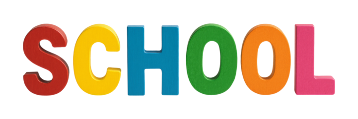 Colorful wooden letters spelling SCHOOL isolated on transparent background.