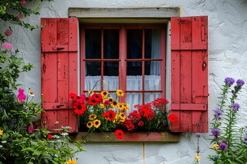 A quaint cottage-style window frame, painted in soft white with a pair of red shutters, looking out over a flower-filled garden 