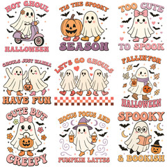 Collection of Cute Spooky Ghost Halloween T-shirt Vector, Scary Halloween Ghostly Illustration, Spooky Vibes Saying, Holiday Seasonal Shirt Design