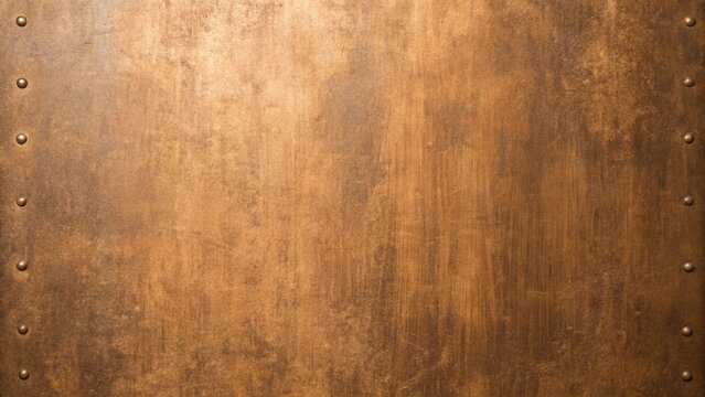 A bronze metal sheet with rivets along the edges creating a textured and industrial background design - Powered by Adobe