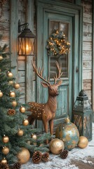 Rustic Christmas porch adorned with a wooden deer, garland, and ornaments