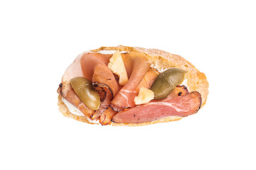 Bruschetta with Prosciutto ham, parmesan cheese and olives isolated on white background. top view