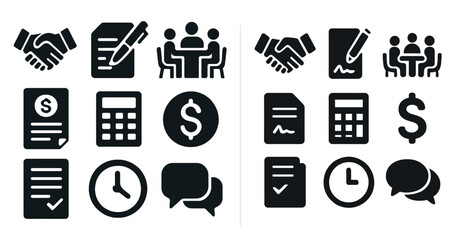 Business and finance solid icons set – filled, corporate tools and communication symbols