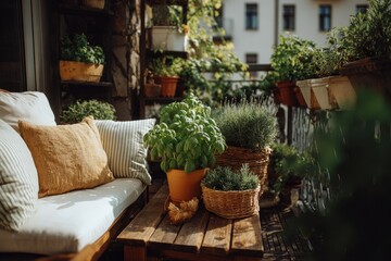 Fototapeta premium Sunny balcony with potted herbs and comfortable seating
