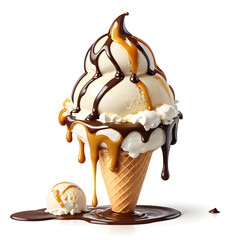 Dripping vanilla soft-serve ice cream cone with chocolate and caramel syrup isolated on white background