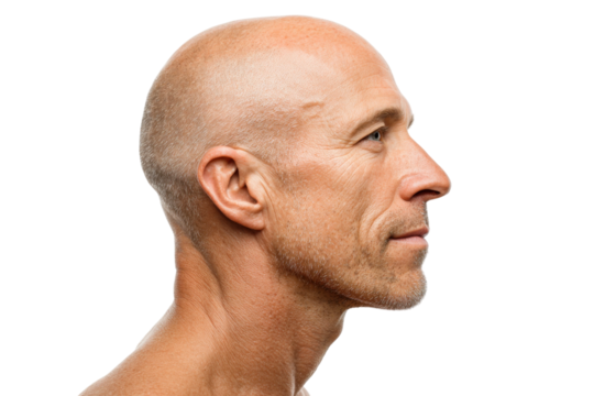 Bald man side profile portrait in studio with clean background. Isolated on transparent background, png.