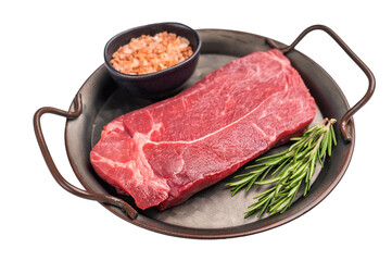 Ready for cooking Raw Rump beef steak with herbs isolated on white background. top view