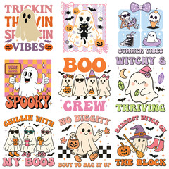 Collection of Cute Spooky Ghost Halloween T-shirt Vector, Scary Halloween Ghostly Illustration, Spooky Vibes Saying, Holiday Seasonal Shirt Design