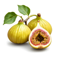Seamless background pattern of fresh yellow figs sliced open revealing pink flesh, with green leaves on white background