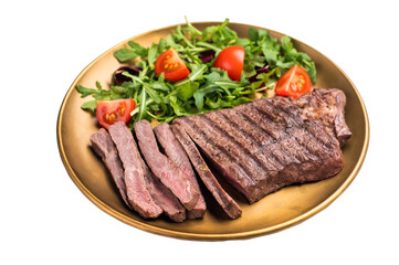 Roast dry aged Top Sirloin beef steak on plate with salad isolated on white background