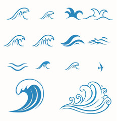 Vector  collection of twelve blue wave illustrations with varying sizes and one bird illustration on white