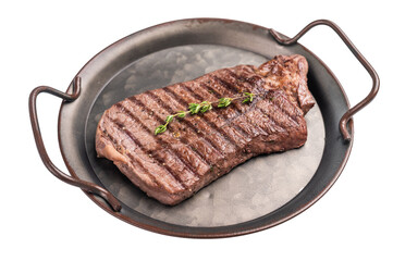 BBQ roasted beef Rump steak on steel tray isolated on white background