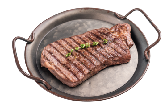 BBQ roasted beef Rump steak on steel tray isolated on white background