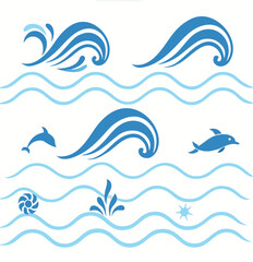 Vector  illustration of ocean waves with dolphins, a shell, and a starfish against a white background design element