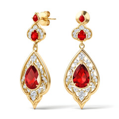 Elegant gold earrings with red gemstones and diamond accents isolated on white background