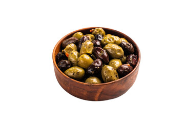 Black and green pickled olives in wooden bowl isolated on white background.