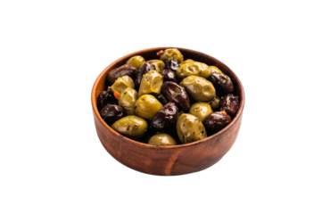 Black and green pickled olives in wooden bowl isolated on white background.