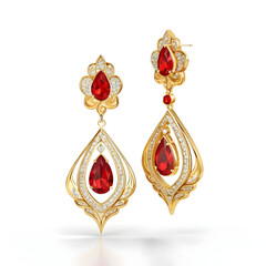 Elegant gold earrings with red gemstones and diamond accents isolated on white background