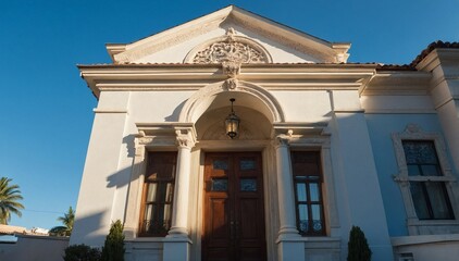 Obraz premium An elegant residential doorway with intricate architectural details stands against a clear blue sky.