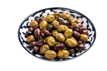 Mix olives with herbs and oil in plate isolated on white background.