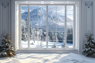 A classic white window frame with dark shutters, framing the view of a snowy mountain landscape outside 