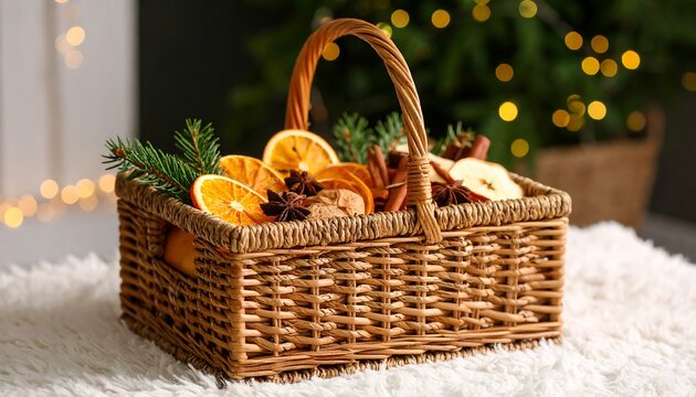 Wicker basket filled with dried fruit & spices, Christmas decor