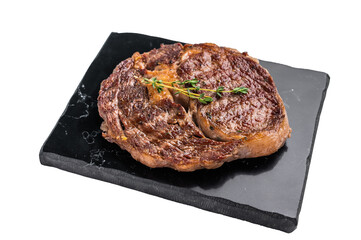 Grilled Rib eye steak with herbs and spice on marble  board, prime beef meat isolated on white background