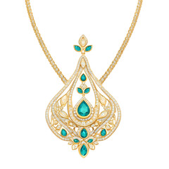 Luxurious gold necklace adorned with green emerald stones and intricate filigree design on white background