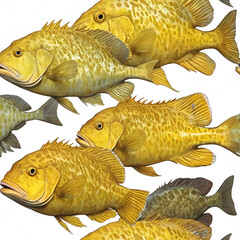 Seamless pattern of golden-yellow fishes swimming in various directions on white background