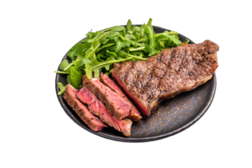 BBQ Grilled Striploin steak on a plate with salad, strip steak, prime roast beef meat isolated on white background