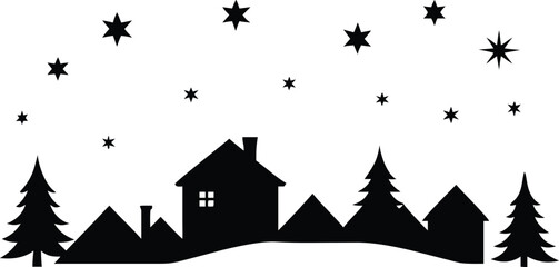 Silhouette Winter Village with Houses, Trees, and Stars on a White Background Graphic