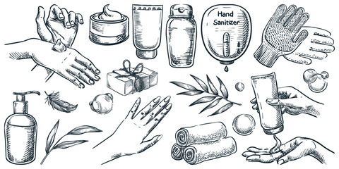 Hand skin care design elements for beauty products or spa. Vector sketch illustration of female hands with cosmetic