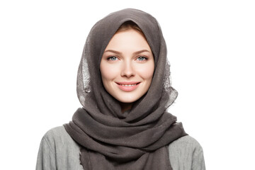 Candid portrait of a smiling woman in a headscarf studio photo. Isolated on transparent background, png.