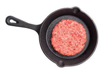Ready for cooking Raw beef meat patties, cutlets in pan isolated on white background