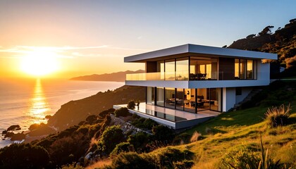 Modern house overlooking ocean sunset