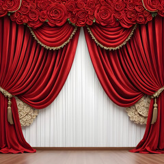Luxurious red velvet stage curtains with elegant folds and floral swags, opening to reveal white space background