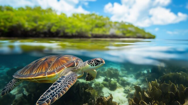A green sea turtle swims elegantly in a bright lagoon surrounded by lush coral reefs.