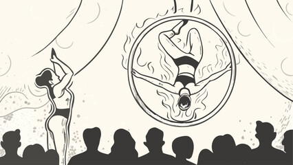A circus performance featuring two acrobats and an audience with a ring of fire on a stage backdrop silhouette