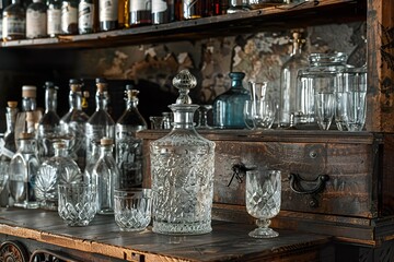 A delicate antique crystal decanter with a silver stopper, placed on a wooden bar cart beside a set of vintage glassware 