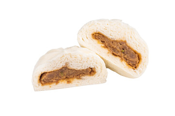 Chinese steam bun with pork meat isolated on white background. top view