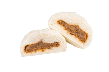 Chinese steam bun with pork meat isolated on white background. top view