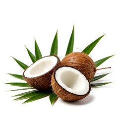  Fresh Whole and Halved Coconuts with Palm Leaves - Tropical and Healthy