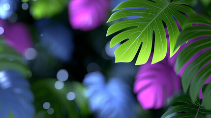 Surreal Botanical Background Featuring Radiant Neon Monstera Leaves in Vivid Electric Colors Floating on a Deep Gradient with Light Beams, Perfect for Sci-Fi Nature Themes and Futuristic Design

