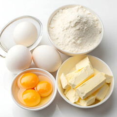 Fototapeta premium Fresh eggs, fine flour, and creamy butter arranged neatly, isolated on a bright white background.