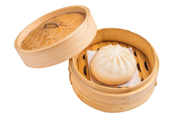 Momo with meat in bamboo steamer isolated on white background. top view