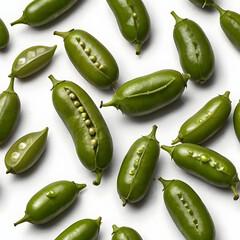 fresh green peas in open pods isolated on white background showing natural