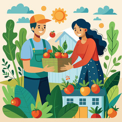 Couple sharing fresh produce harvest harvesting tomatoes