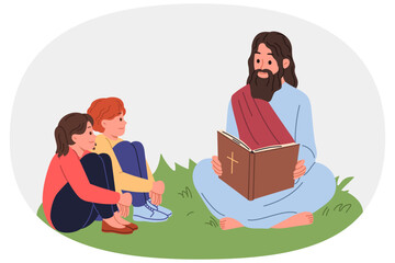 Jesus reads bible to children sitting on lawn, explaining to kids commandments from christian religion. Prophet jesus holding book with catholic or orthodox cross on cover located near boy and girl